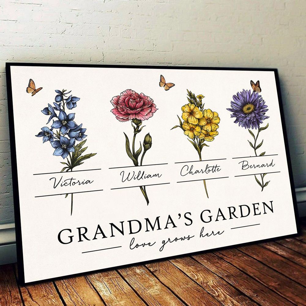 Grandma’s Garden “Love Grows Here” - Personalized Vintage Birth Month Flower Poster / Canvas