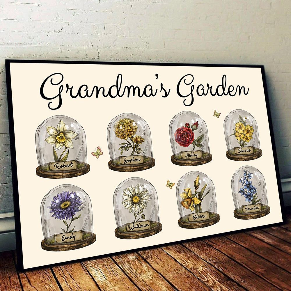 “Love Grows Here” Personalized Poster / Canvas - Vintage Birth Month Flower In Glass Dome