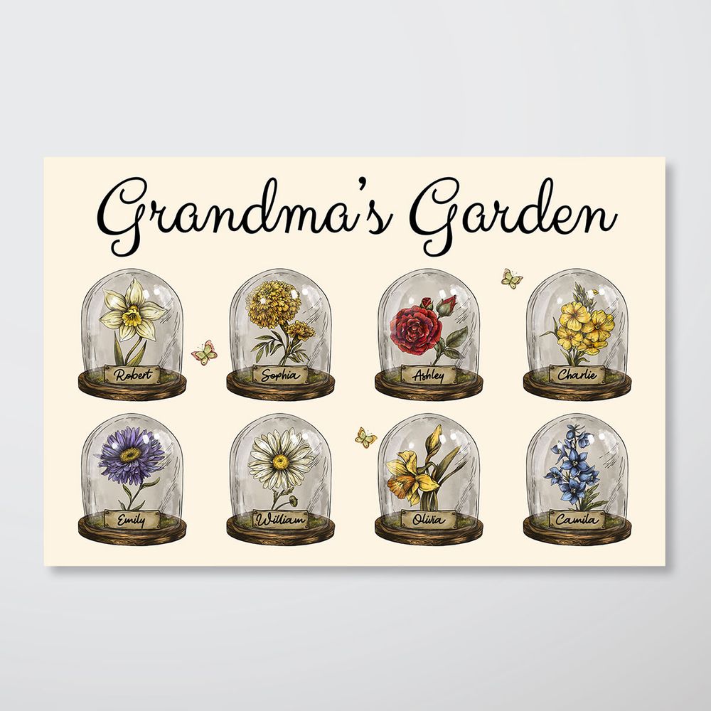 “Love Grows Here” Personalized Poster / Canvas - Vintage Birth Month Flower In Glass Dome
