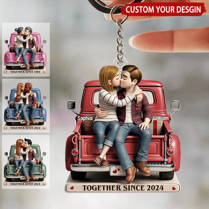 Personalized Custom Cartoon Couple On Truck Acrylic Keychain - Custom Gift For Couple