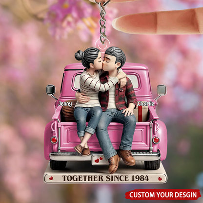 Personalized Custom Cartoon Couple On Truck Acrylic Keychain - Custom Gift For Couple