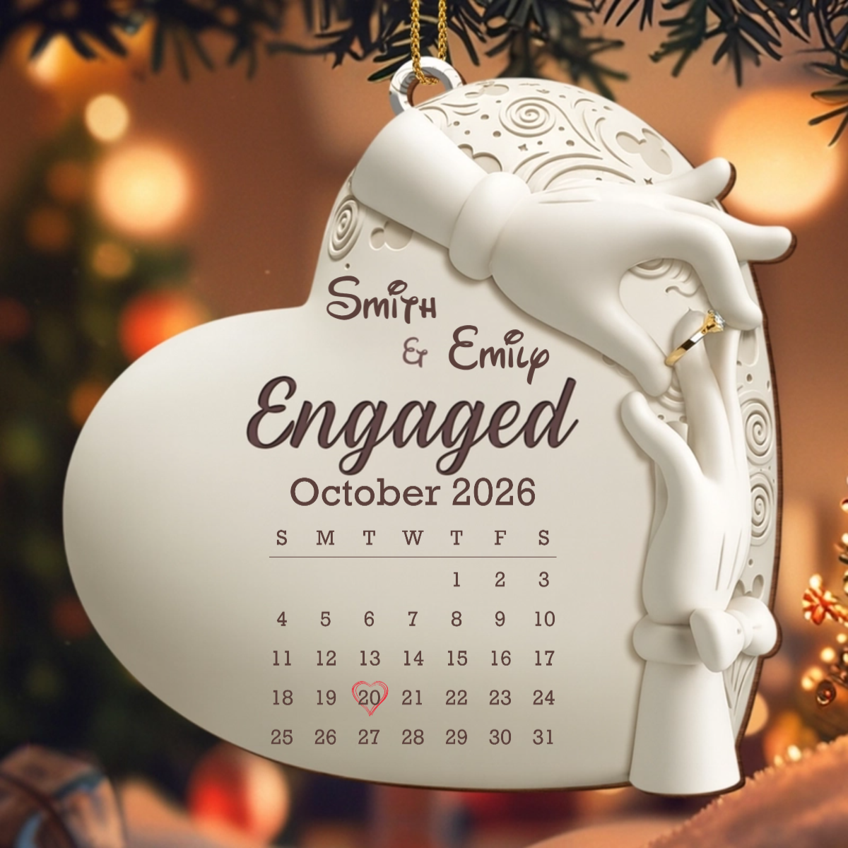 Personalized Engaged Calendar Wooden Ornament - Custom Christmas Keepsake for Couples
