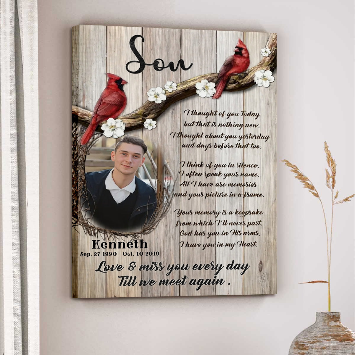 Love And Miss You Every Day - Personalized Cardinal Memorial Photo Canvas / Poster