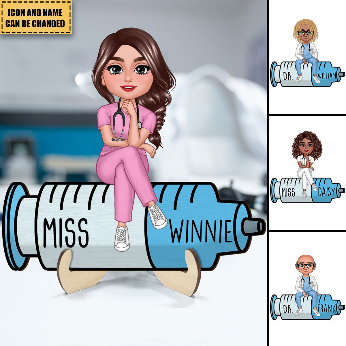 Personalized nurse plaque with a custom cartoon doll sitting on a syringe, unique medical appreciation gift
