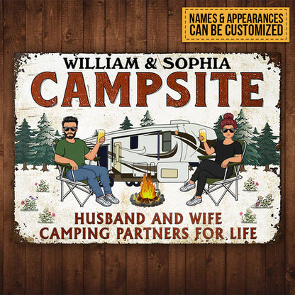 Let's Sit By The Campfire Husband Wife - Camping Signs - Camping Gift For Couple - Personalized Custom Classic Metal Signs