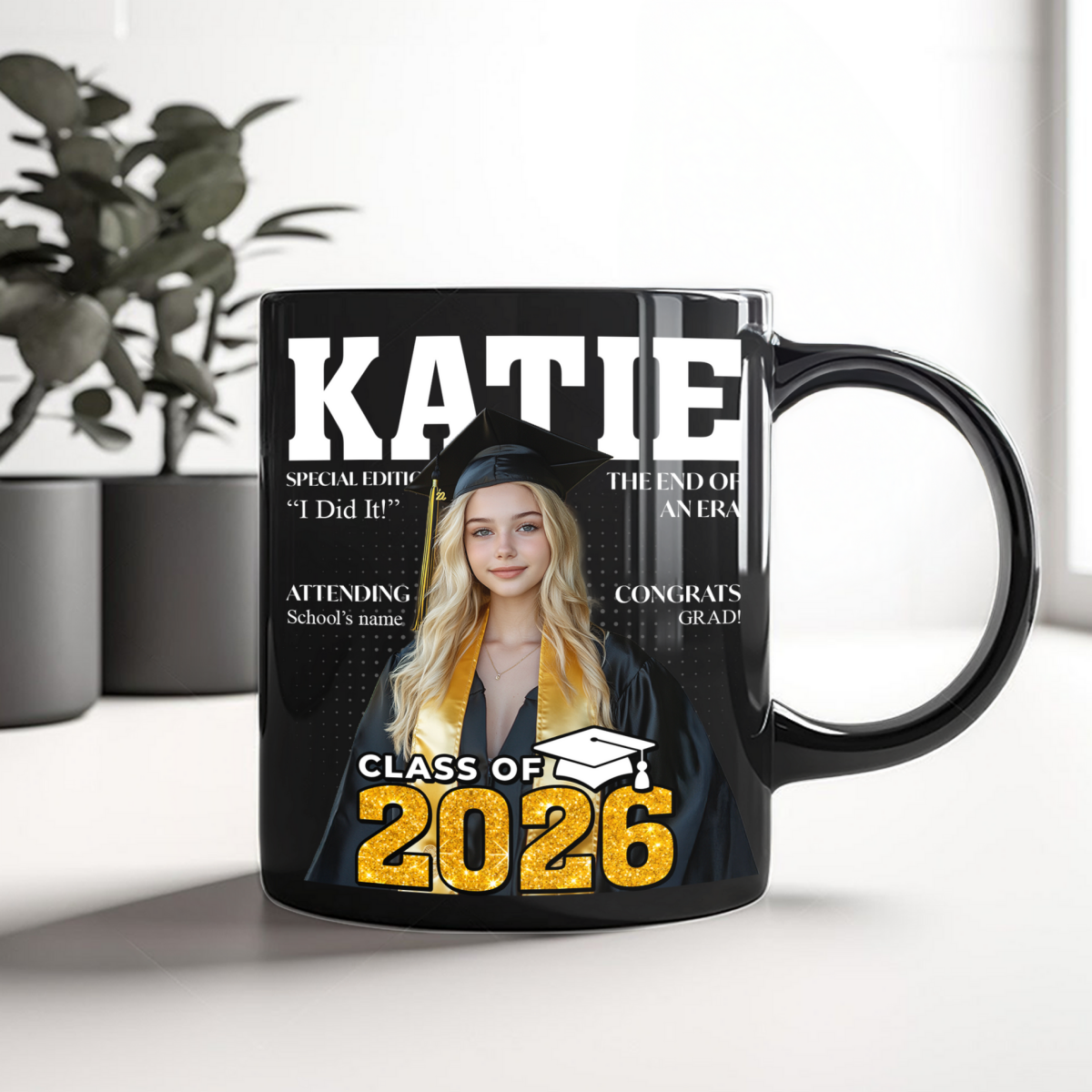 “Class of 2026” Magazine Style Black Mug - Personalized Custom Gift for Graduates