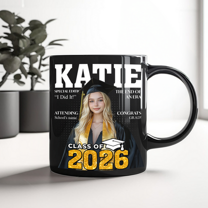 “Class of 2026” Magazine Style Black Mug - Personalized Custom Gift for Graduates