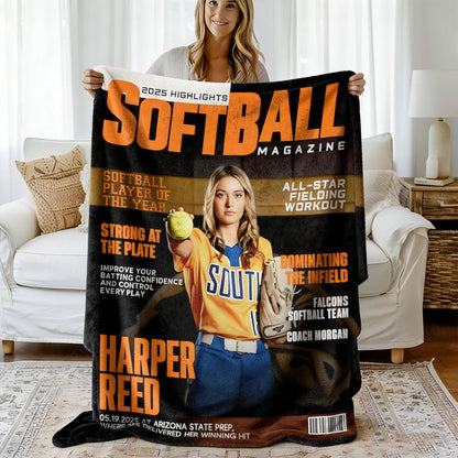 Personalized Softball Magazine Cover Blanket - Custom Player Gift