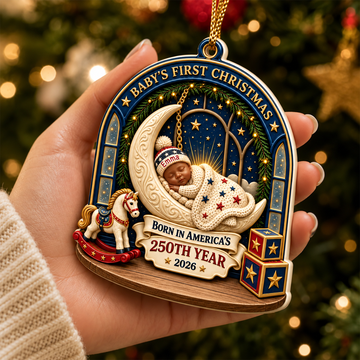 Baby's First Christmas 2026 Personalized Wood Ornament - Born in America's 250th Year Keepsake