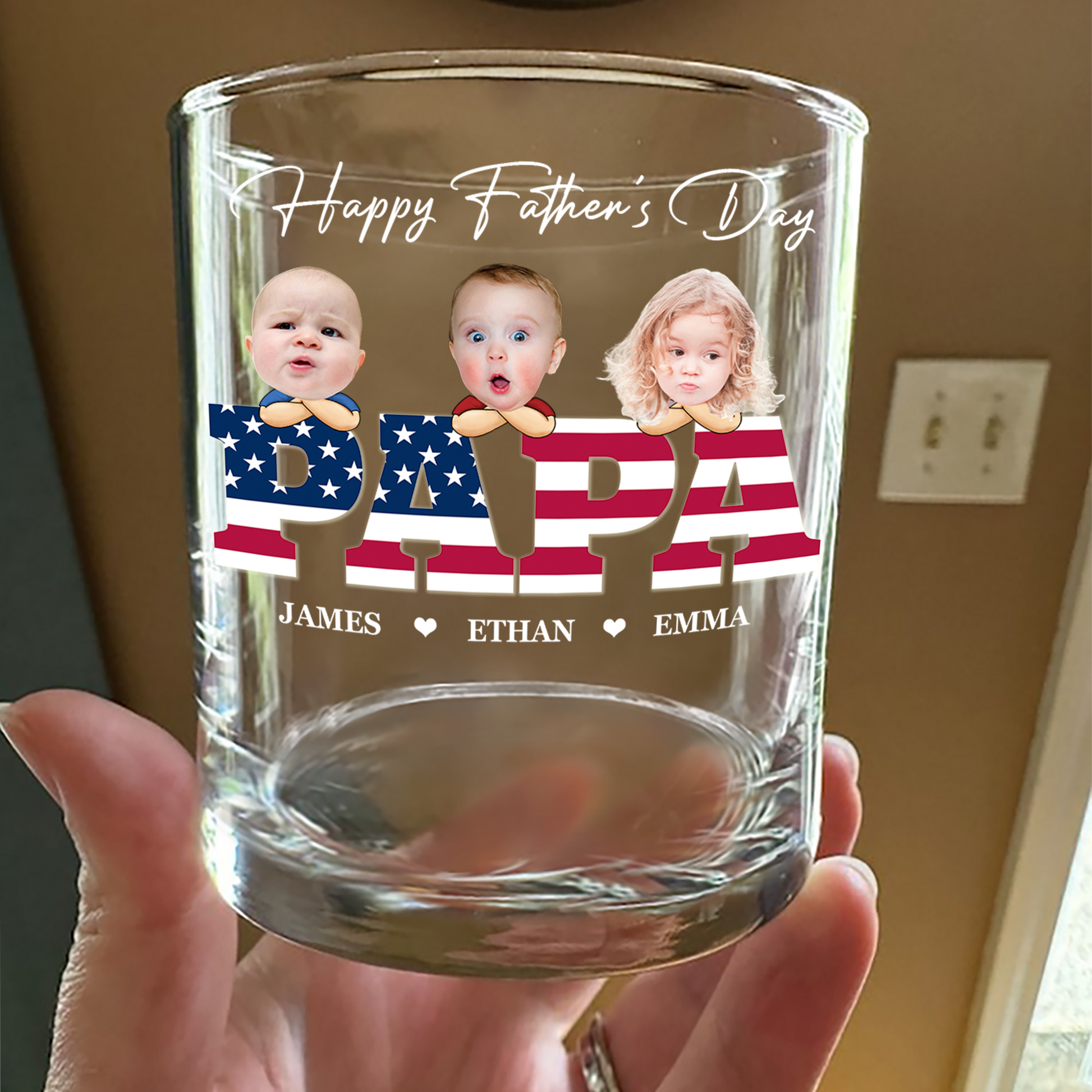 Custom Funny Face & American Flag Whiskey Glass - Father’s Day Gift for Daddy, Grandpa, Uncle