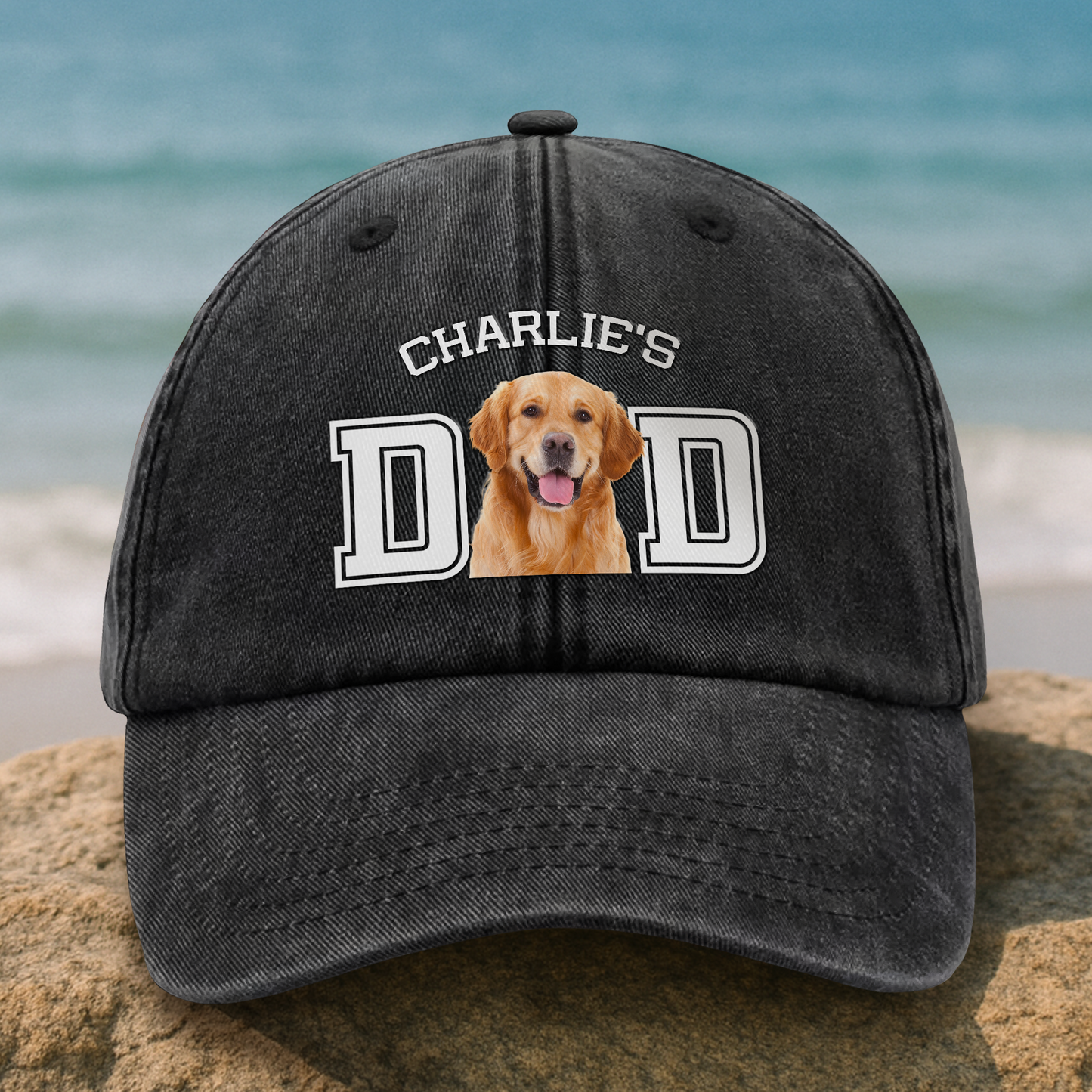 Custom Dog Dad Washed Denim Baseball Cap personalization view for Dad