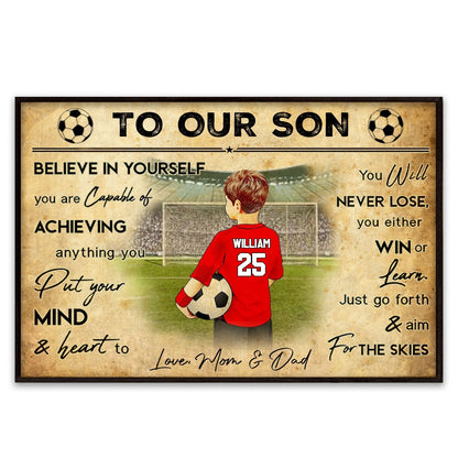 Personalized soccer canvas wall art featuring custom name and jersey numbers with believe in yourself quote