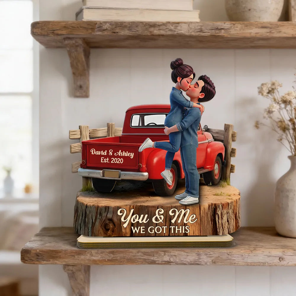 Kissing Couple in Red Pickup Truck - Personalized Wooden Plaque