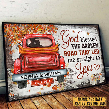 Personalized God Blessed The Broken Road Fall Leaves Custom Poster / Canvas - Gift For Husband Wife