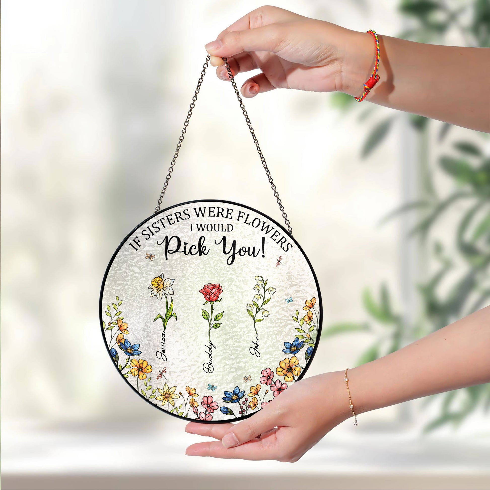 Sisters Besties From The Same Garden - Personalised Birth Flower Stained Glass Suncatcher