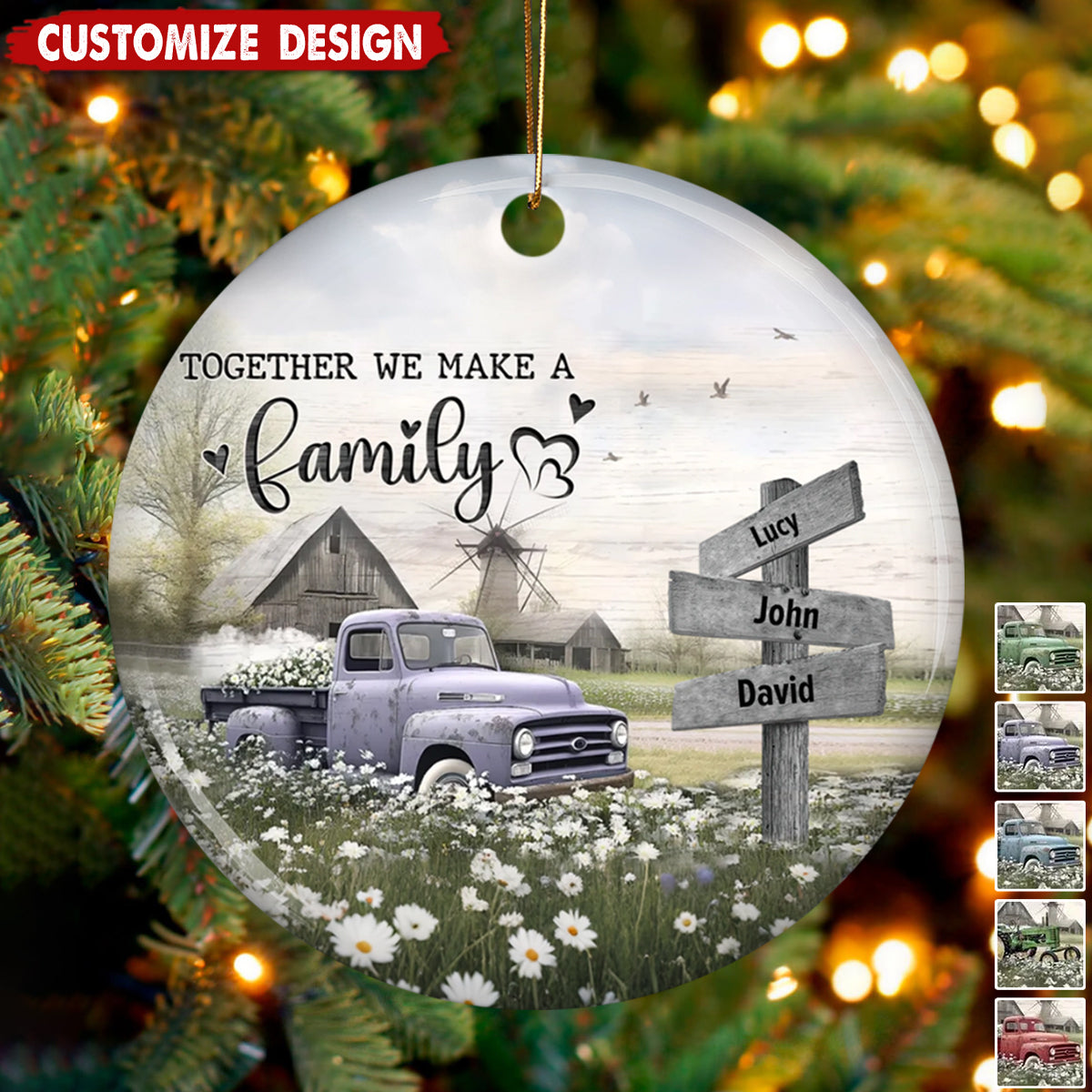 Personalized Farmhouse Family Truck Christmas Ceramic Ornament - Gift For Family