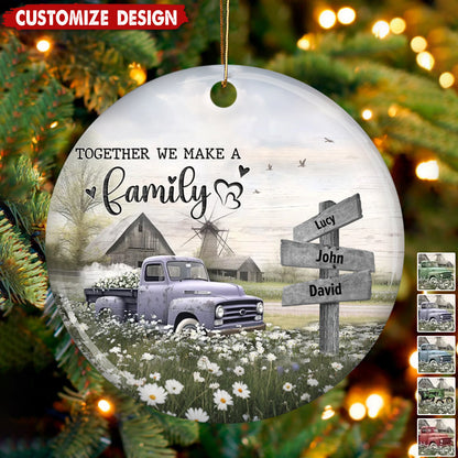 Personalized Farmhouse Family Truck Christmas Ceramic Ornament - Gift For Family