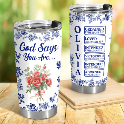 Personalized “God Says I Am” Tumbler - Custom Name Toile De Jouy Style