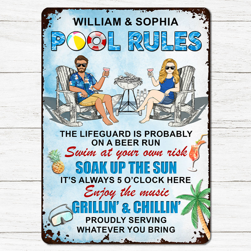 Pool Rules Enjoy The Music Grilling And Chilling - Personalized Custom Couples Metal Sign