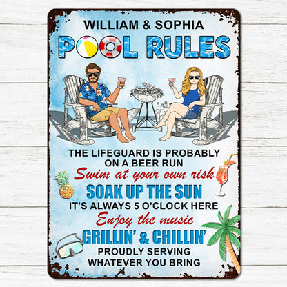 Pool Rules Enjoy The Music Grilling And Chilling - Personalized Custom Couples Metal Sign