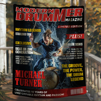 Personalized Drummer Magazine Cover Blanket - Custom Music Gift for Band Members