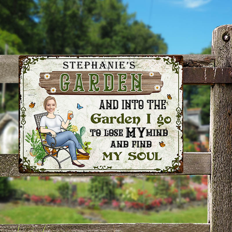 Custom Photo And Into The Garden I Go Gardening Girl - Personalized Custom Classic Garden Metal Signs