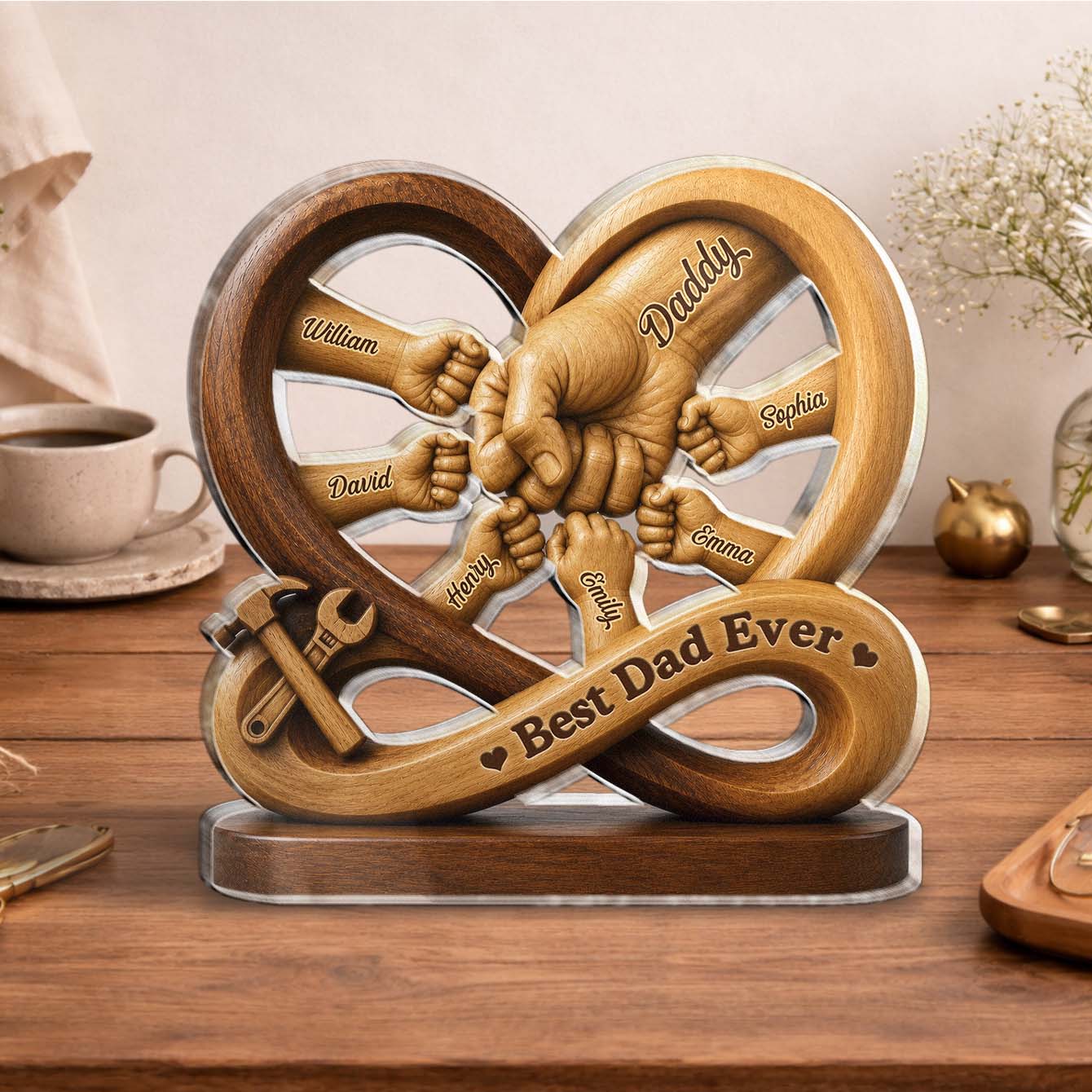 Personalized dad acrylic plaque with custom family fist bumps and tool design for Father's Day gift image 8