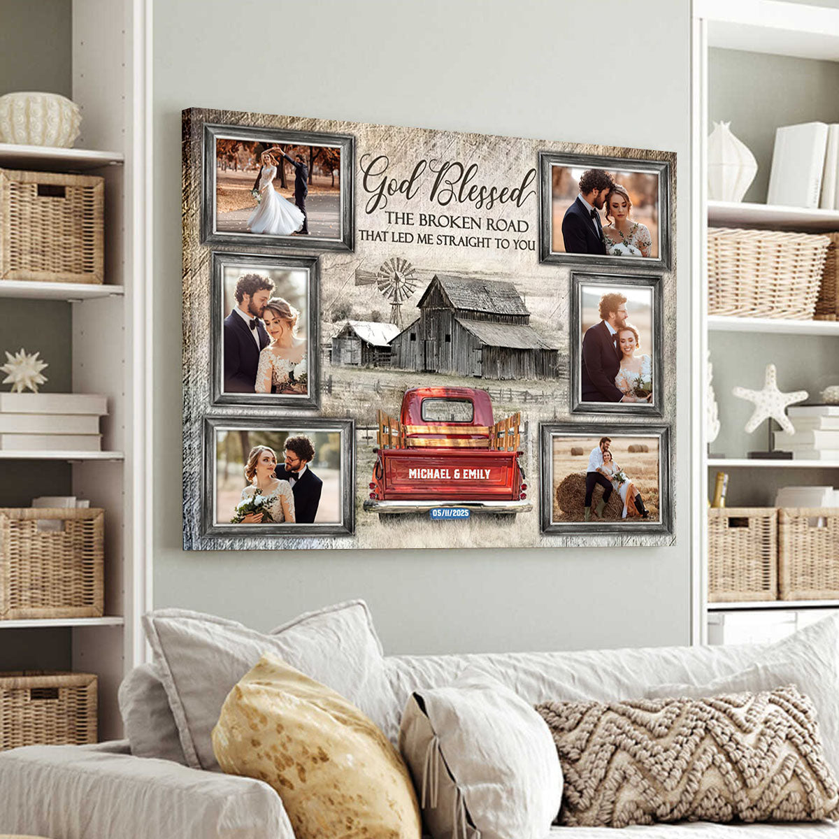 God Blessed Farmhouse Bar and Truck - Personalized Photo Collage Wall Art Canvas / Poster
