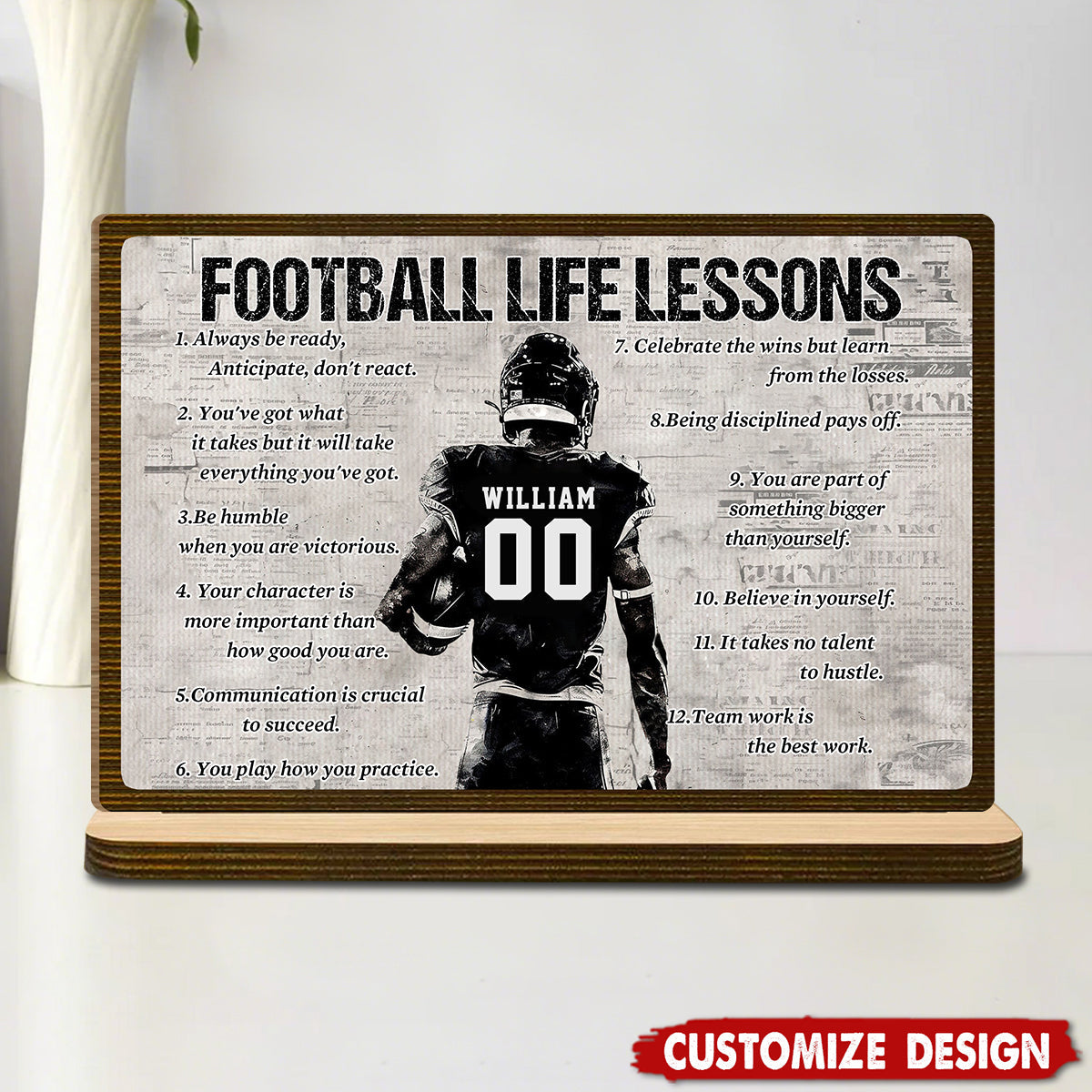 Personalized “Football Life Lessons” Wooden Plaque - Inspirational Gift for American Football Players, Coaches & Fans