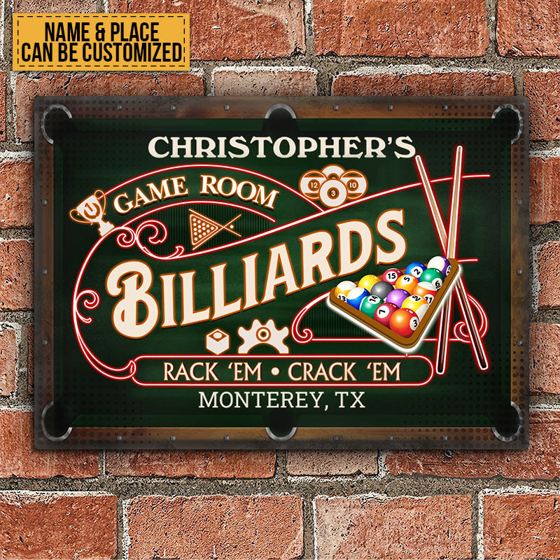 Billiards Game Room Neon - Personalized Custom Classic Metal Signs