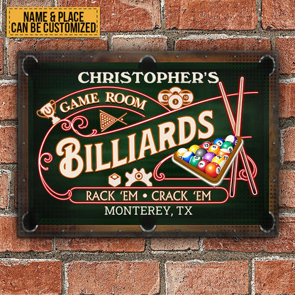 Billiards Game Room Neon - Personalized Custom Classic Metal Signs