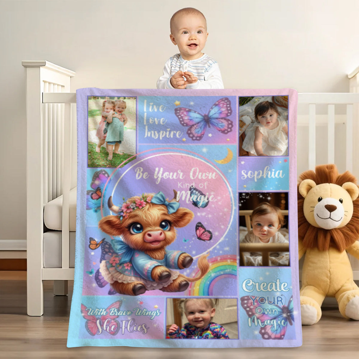 Personalized Floral Highland Cow Butterfly Soft Throw Blanket - Custom With Name and Photos