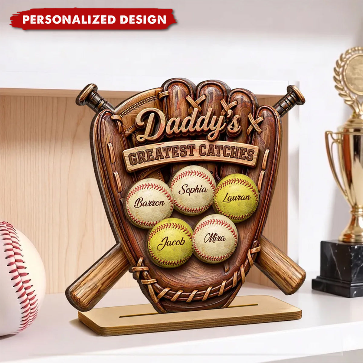 Daddy’s Greatest Catches - Personalized Baseball Wooden Plaque