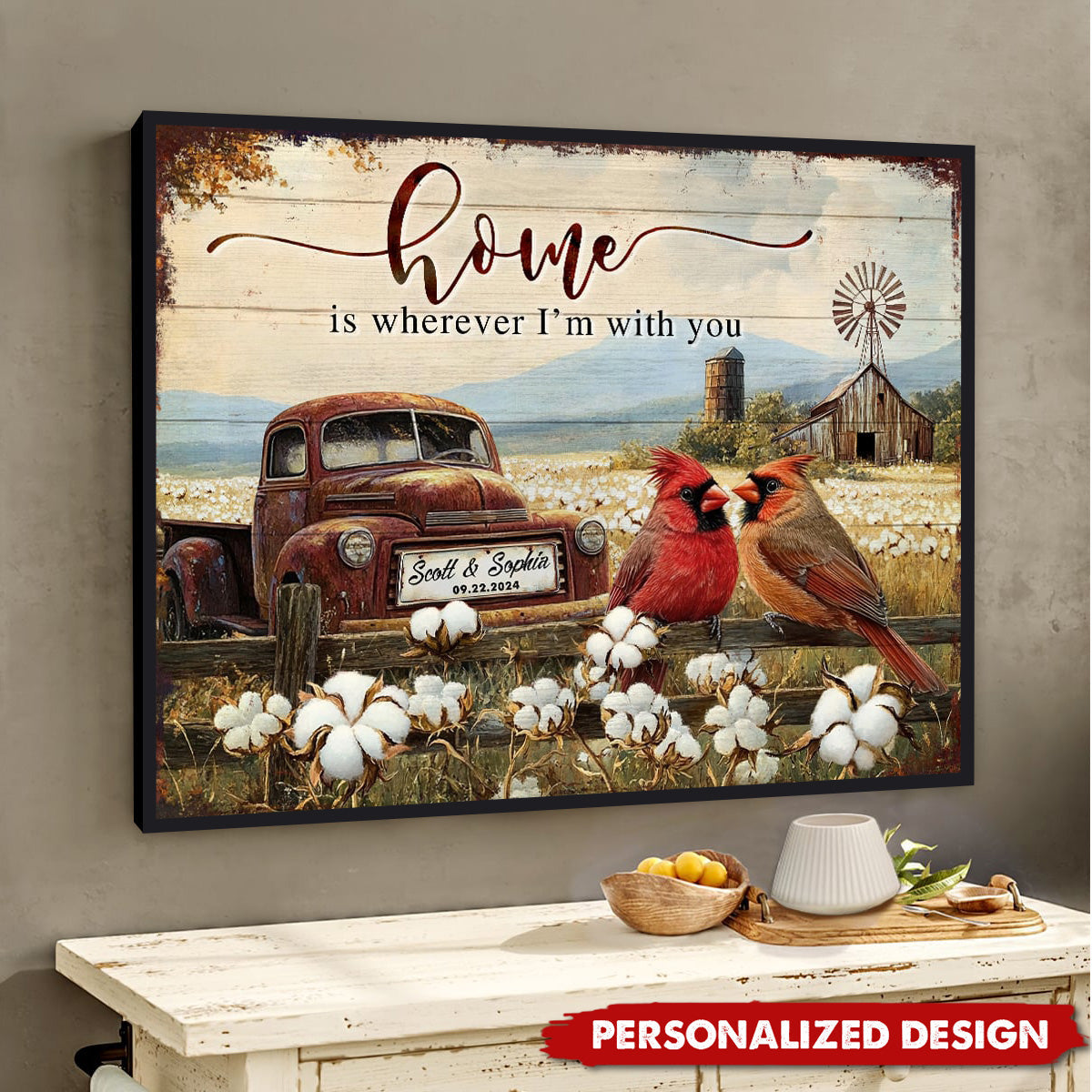 Personalized Rustic With Cardinals And Vintage Truck Poster / Canvas - Custom Romantic Gift for Couples