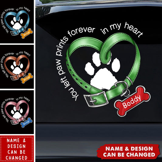 Personalized dog memorial decal featuring a heart-shaped collar and paw print for car windows and pet lovers
