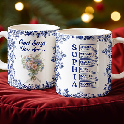 Personalized “God Says I Am” Mug - Custom Name Toile De Jouy Style