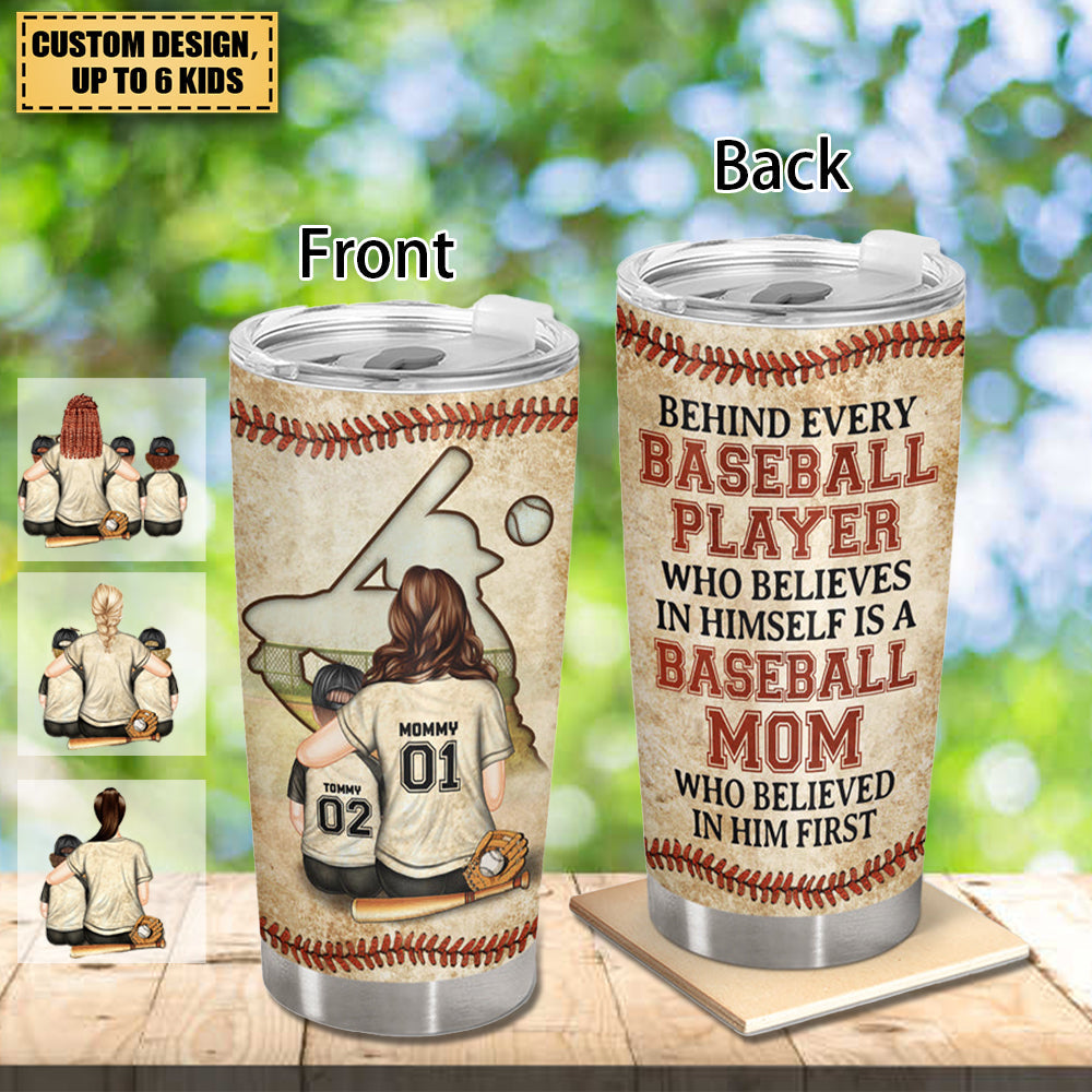 Custom baseball mom tumbler with personalized artwork of a mom and player, unique sports gift for Mother's Day
