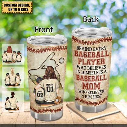 Custom baseball mom tumbler with personalized artwork of a mom and player, unique sports gift for Mother's Day