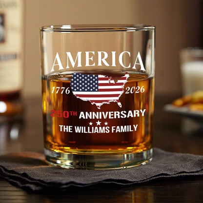 America 250th Anniversary - Personalized Family Name Whiskey Glass
