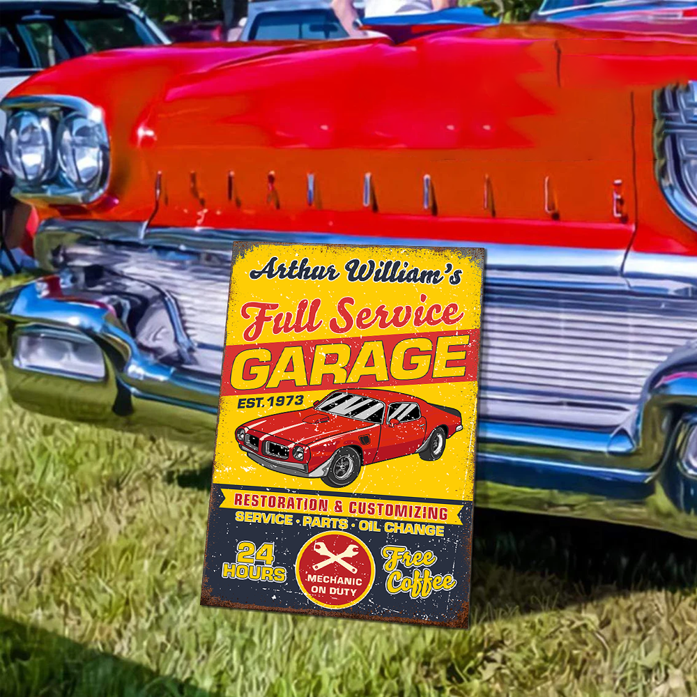 Custom Car Photo Full Service Garage Sign - Personalized Garage Metal Sign