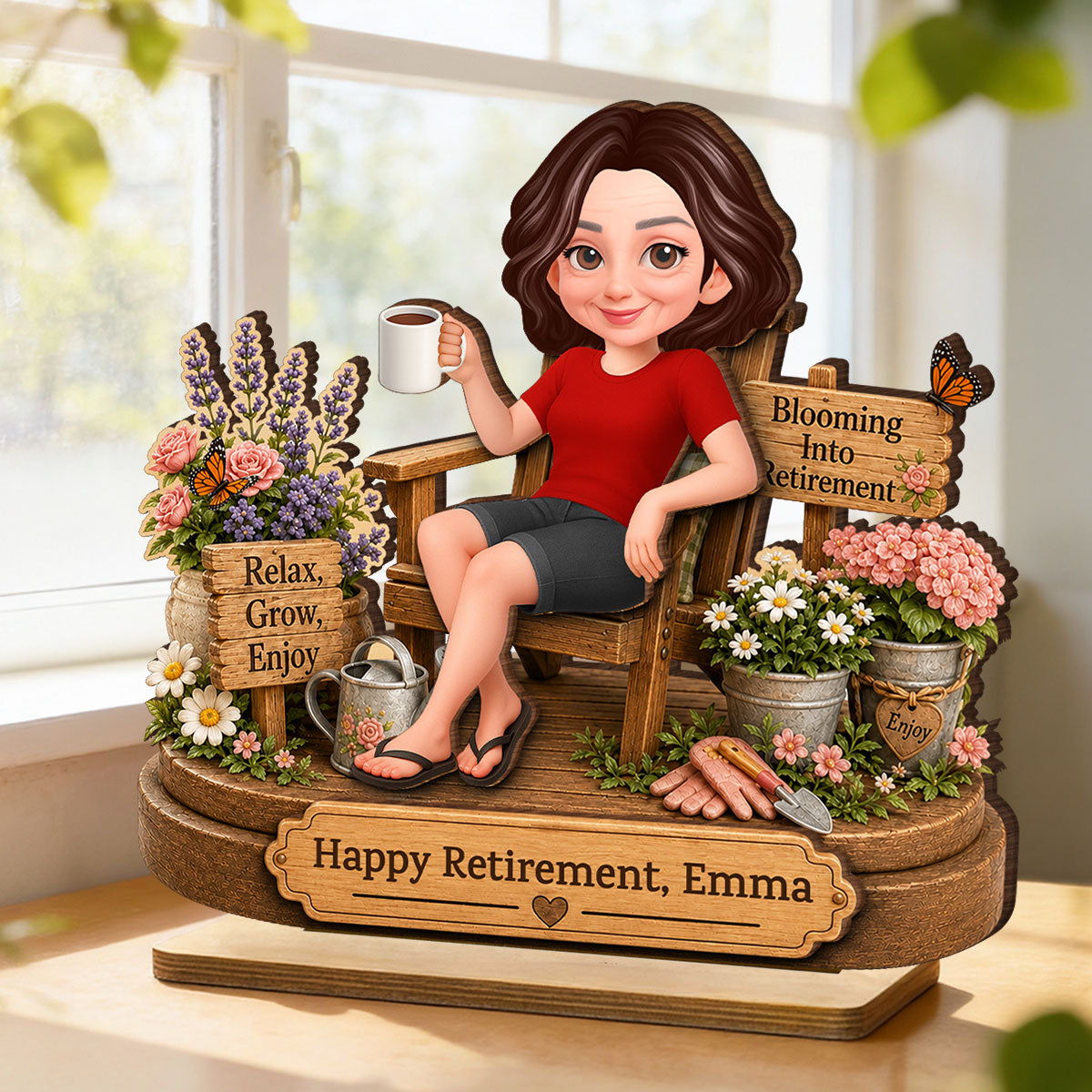 Personalized retirement gifts for women featuring a custom wooden plaque with a gardening design for grandma. image 8