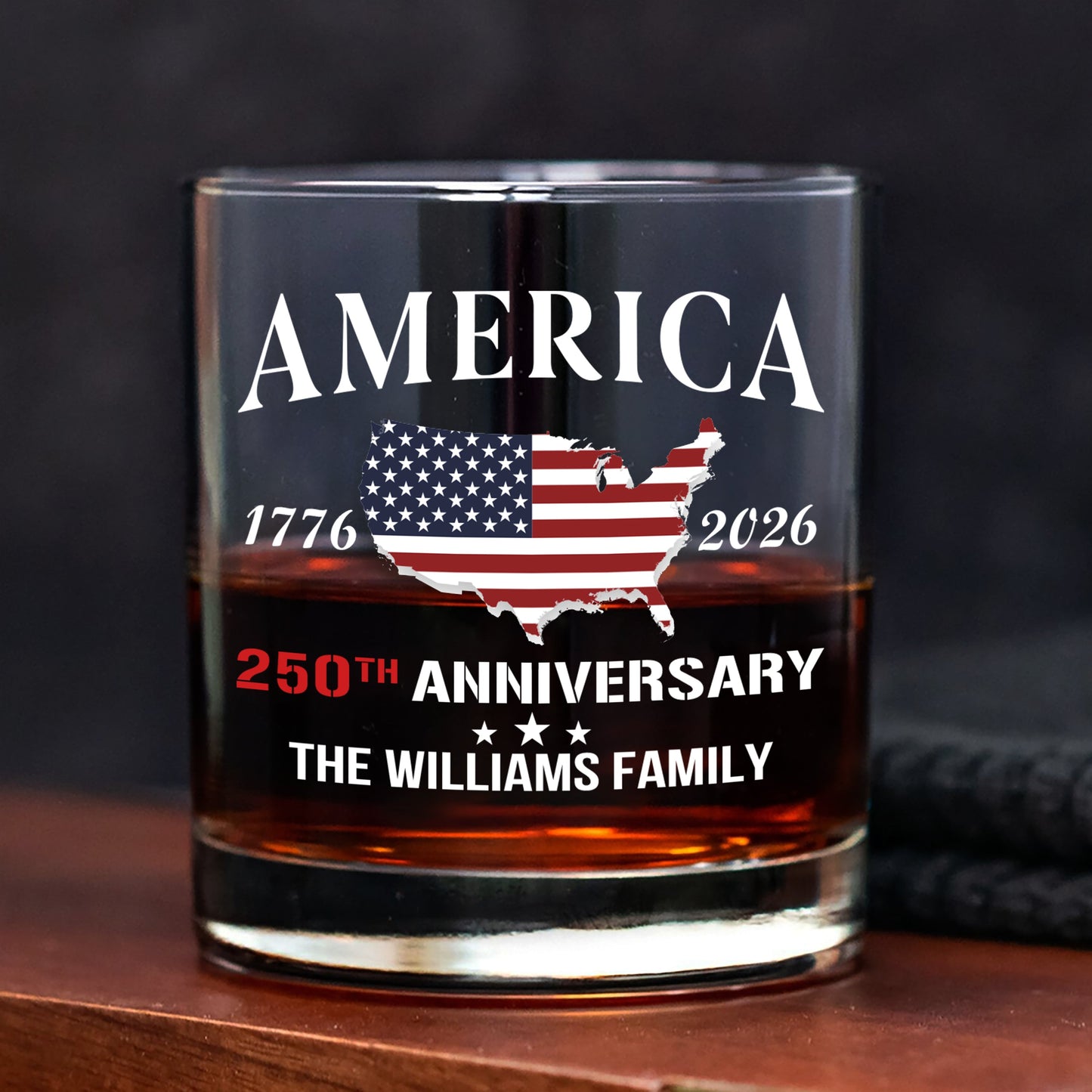 America 250th Anniversary - Personalized Family Name Whiskey Glass