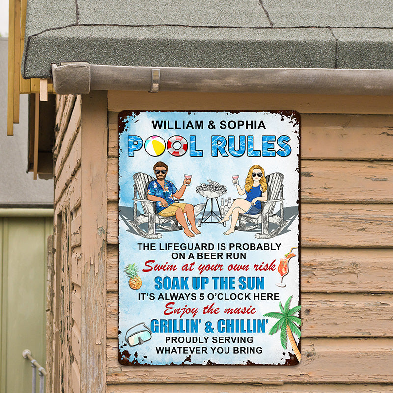 Pool Rules Enjoy The Music Grilling And Chilling - Personalized Custom Couples Metal Sign