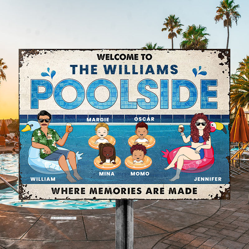 Family Couple Poolside Where Memories Are Made - Gift For Couple - Personalized Custom Classic Metal Signs