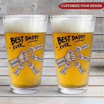 Personalized fist bump beer glass featuring custom names for Dad and Grandpa - unique Father's Day gift