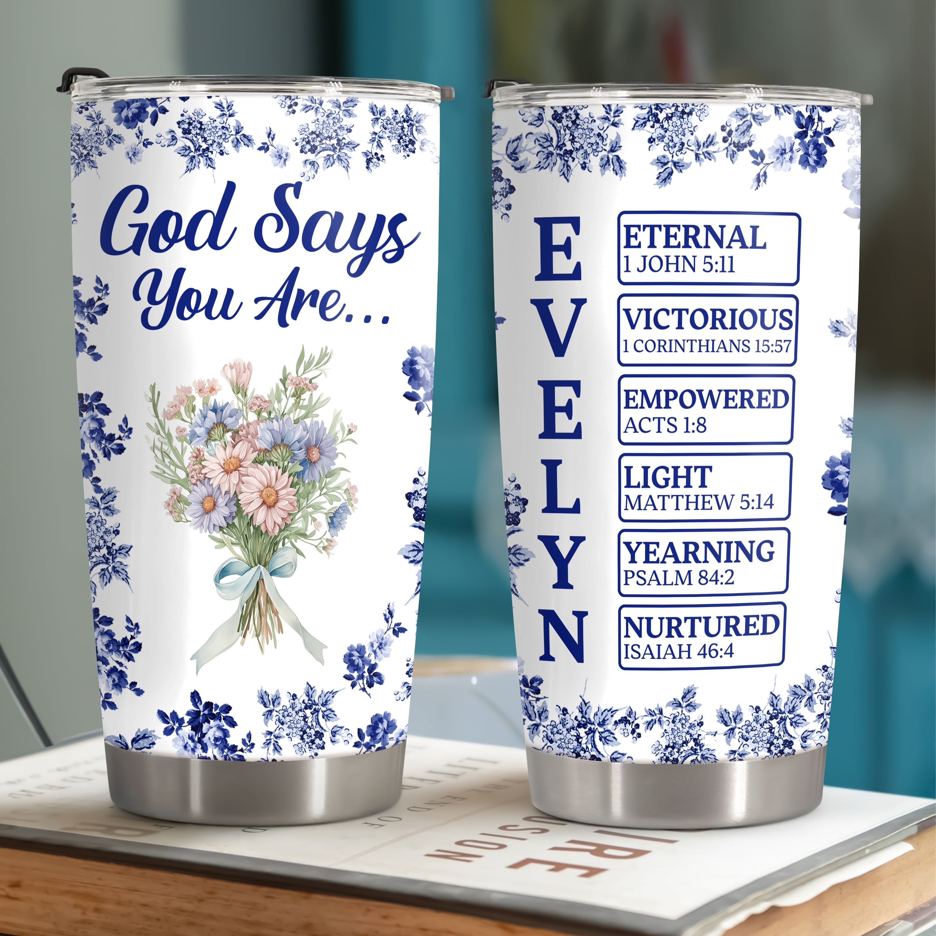 Personalized “God Says I Am” Tumbler - Custom Name Toile De Jouy Style