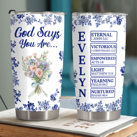 Personalized “God Says I Am” Tumbler - Custom Name Toile De Jouy Style