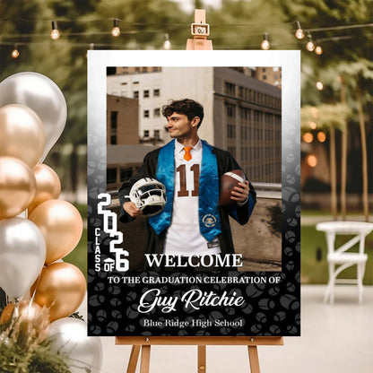 Personalized graduation welcome sign canvas featuring a student athlete with a football and helmet image 6