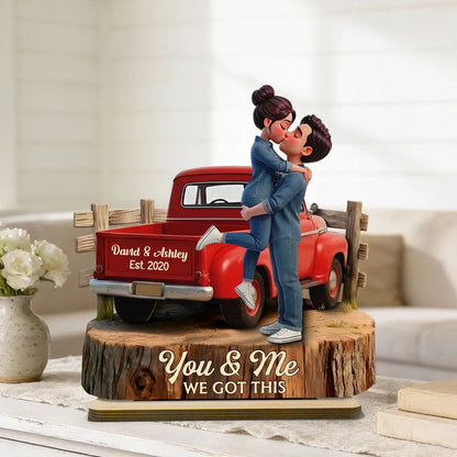Kissing Couple in Red Pickup Truck - Personalized Wooden Plaque