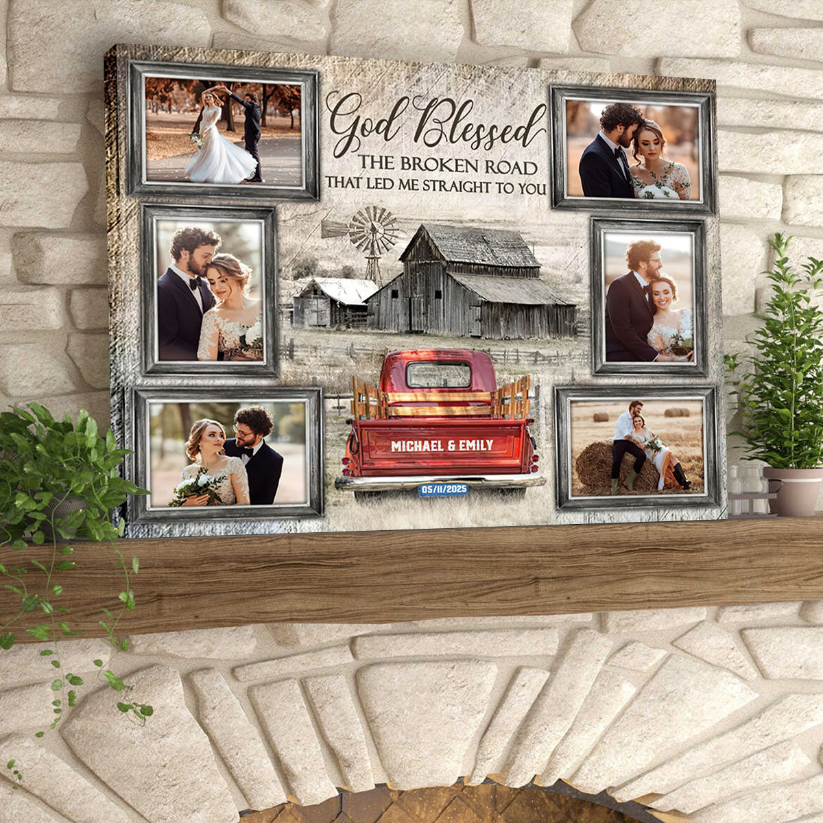 God Blessed Farmhouse Bar and Truck - Personalized Photo Collage Wall Art Canvas / Poster